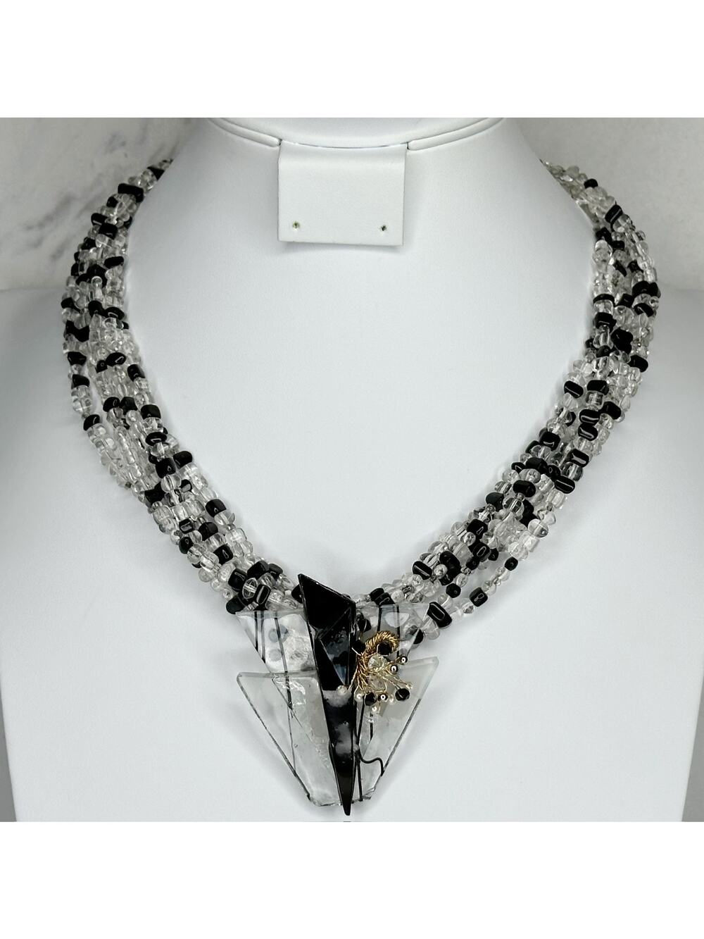 Black Clear Beaded Multi-Strand Arrow Pendant Statement Necklace ✨